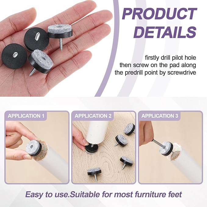 60 Pcs Black Screw on Furniture Felt Pads Kit, 0.94 Inch Non Slip Furniture Pads - Image 4