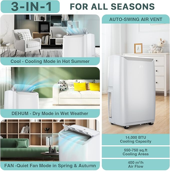 14, 000 BTU Portable AC Unit– 4-in-1 Portable Air Conditioner - Image 2