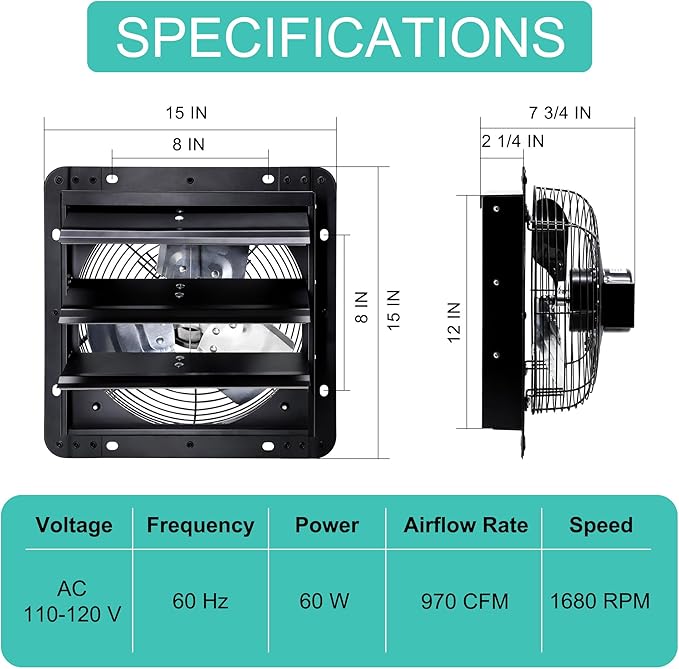 12 Inch Shutter Exhaust Fan, Wall Mount Attic Fan - Image 2