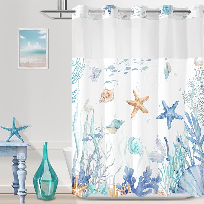 No Hook Shower Curtain with Snap in Liner, Beach Ocean Nautical Coastal Shower by TWLSNCD