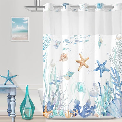 No Hook Shower Curtain with Snap in Liner, Beach Ocean Nautical Coastal Shower by TWLSNCD