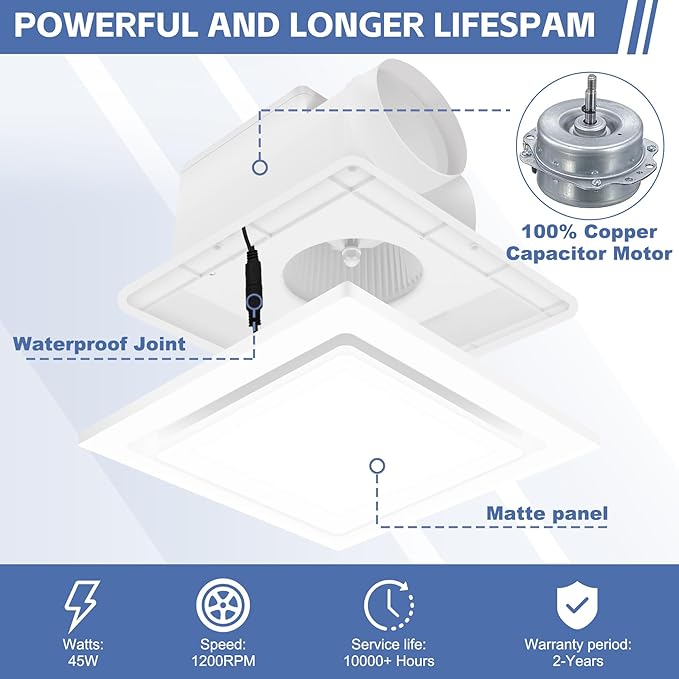 Bathroom Exhaust Fan with Light, 11.8 In Panel, 6000K 12W Square LED, 141 CFM - Image 4