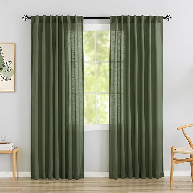 Loden/Dark Olive Linen Back Tab Curtains 92 Inches Long 2 Panels Set by DONREN