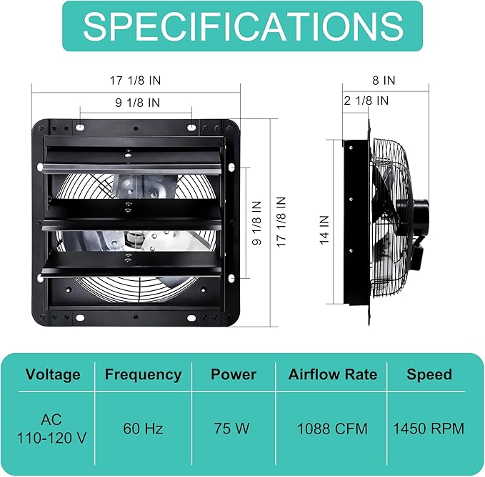 14 Inch Shutter Exhaust Fan, Wall Mount Attic Fan - Image 2