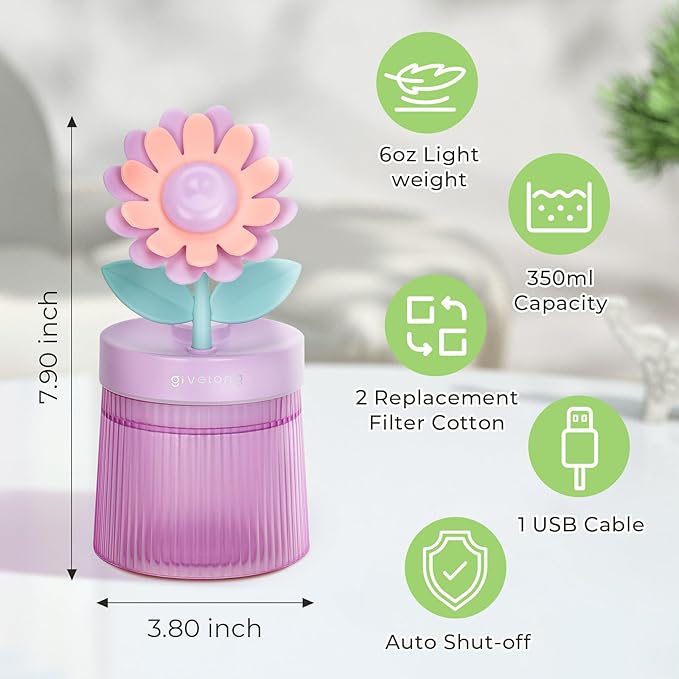 Cute Flower Mini Humidifier, 260ml Sunflower Desktop Humidifiers - Image 7