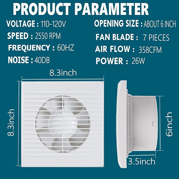6 Inch Exhaust Fan, 26W Wall Mount Small Ventilation Fan - Image 2