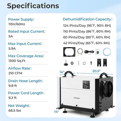 COSTWAY 124 PPD Commercial Dehumidifier, 1300 Sq.Ft Crawl Space Dehumidifier - Image 7