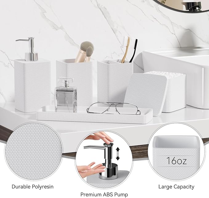 White Bathroom Accessories Set 5 Pieces, Resin Toothbrush Holders Set Complete - Image 4