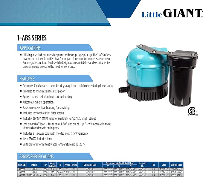 Little Giant 1-ABS 115-volt, 1/150 HP, 205 GPH Automatic Shallow Pan Condensate - Image 10
