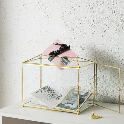 Glass Wedding Card Box with Slot, Large Clear Card Box 10.2 inch Gold Brass - Image 2
