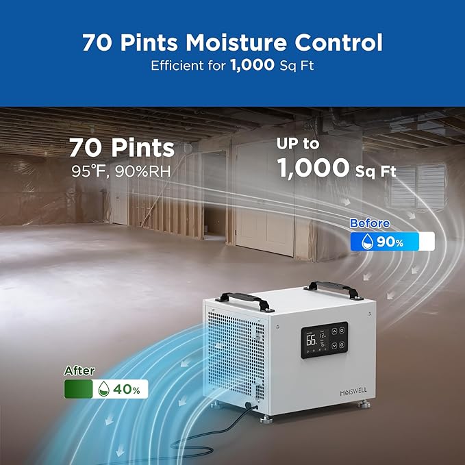 70 Pints Commercial Dehumidifier, Portable Crawl Space Dehumidifier - Image 2