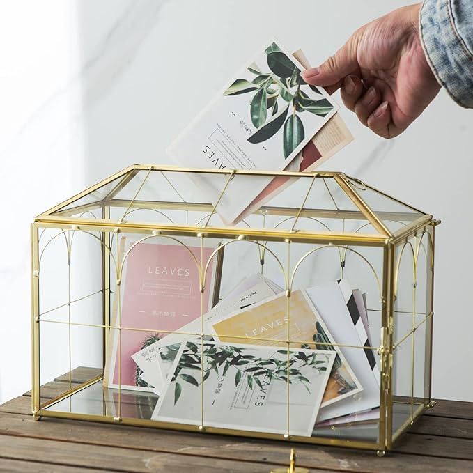 Glass Wedding Card Box with Slot, 12.6 inch Large Clear Card Box Gold Brass - Image 3