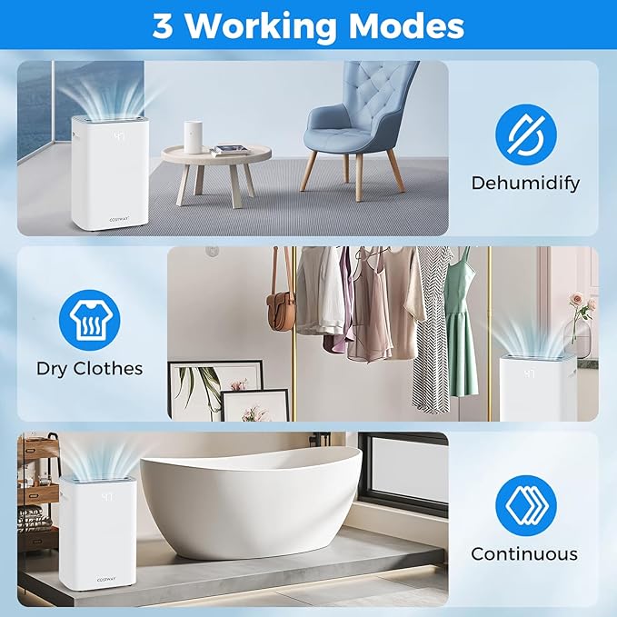 COSTWAY 52 Pint Dehumidifier for Basement, 3.3 FT Drain Hose, Clothes Drying - Image 3