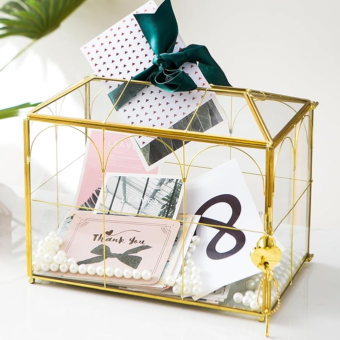 Glass Wedding Card Box with Slot, 10.2'' Large Clear Card Box Gold Brass Gift - Image 2