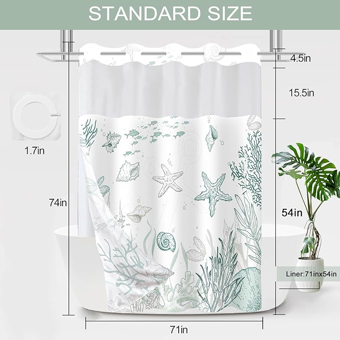No Hook Shower Curtain with Snap in Liner, Beach Ocean Nautical Coastal Shower - Image 7
