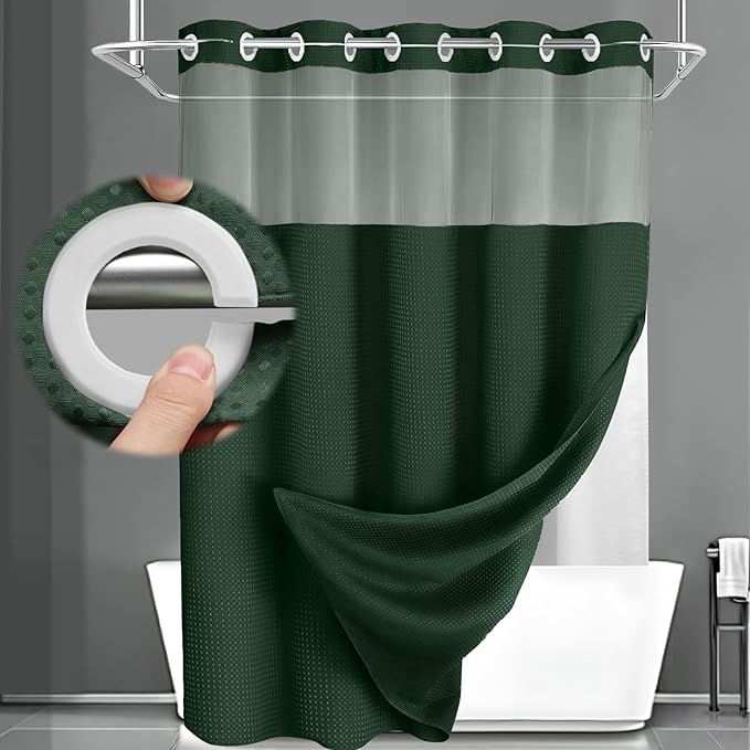 No Hook Shower Curtain and Liner Set, Dark Green Hotel Waffle Shower Curtain by Unknown