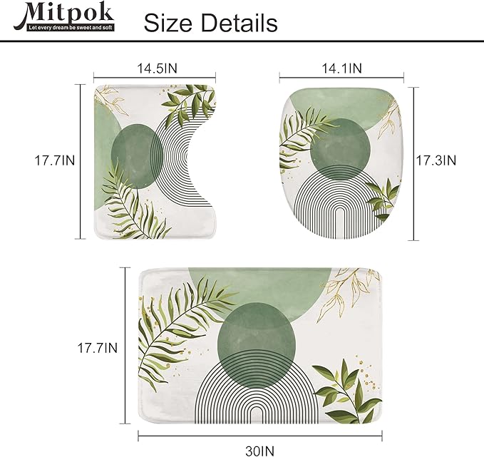 4 PCS Sage Green Boho 72Wx72H Shower Curtain Set Modern Leaves Mid Century - Image 5