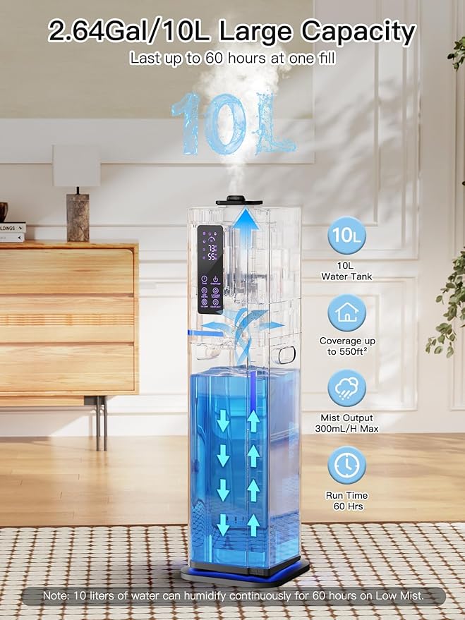 10L/2.64Gal Humidifier, Top Fill Quiet Ultrasonic Cool Mist Humidifiers - Image 2