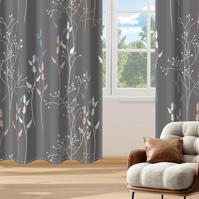 Gray-Blue Leaves Blackout Curtains 84 Inches, Room Darkening Curtains - Image 9