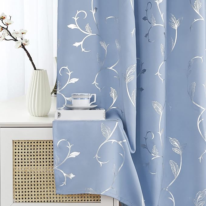 BUHUA Blue Blackout Curtain 2 Panel Set Vine Foil Print Thermal Insulated - Image 6