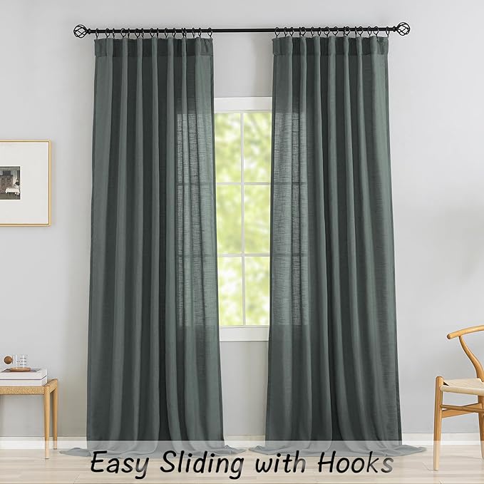 Dark Grey Back Tab Linen Curtains 96 Inches Long 2 Panels Set Modern Farmhouse - Image 2