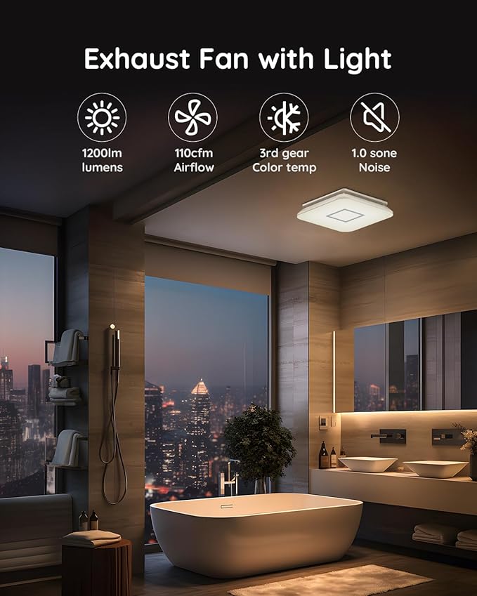 Fitop Bathroom Fan with Light，110CFM 1.0 Sones 1200lm LED Light - Image 2