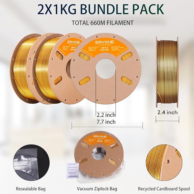 ERYONE Silk Dual Color PLA Filament 3D Printer 1.75mm +/- 0.03mm, Bicolor - Image 6