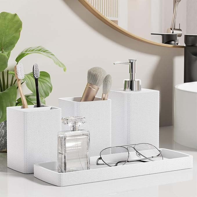 Resin White Bathroom Set, Bath Towel Set, Natural Loofah Sponge, Soap Dispenser - Image 7