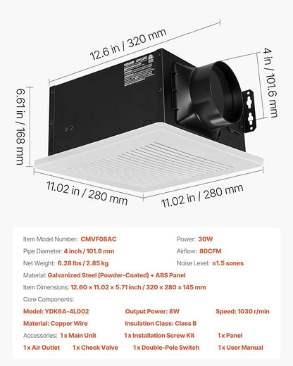 VEVOR Bathroom Exhaust Fan, 80 CFM Bathroom Vent, Premium Motor Ceiling Fan - Image 7