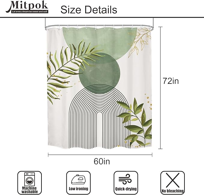 Sage Green Boho Shower Curtain 60Wx72H Modern Bohemian Abstract Leaves Olive - Image 5