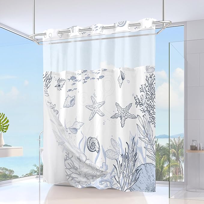 No Hook Shower Curtain with Snap in Liner, Beach Ocean Nautical Coastal Shower - Image 2
