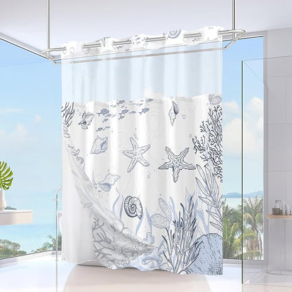 No Hook Shower Curtain with Snap in Liner, Beach Ocean Nautical Coastal Shower - Image 2