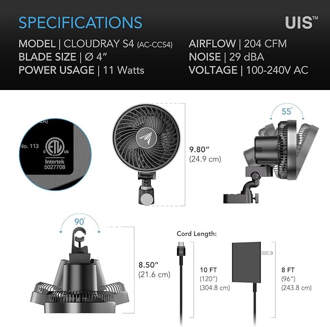 AC Infinity CLOUDRAY S4, Ultra-Compact Grow Tent Clip Fan 4”, Precision 10 - Image 8