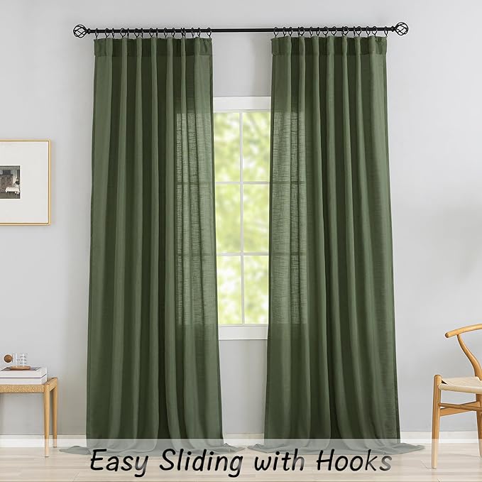 DONREN Olive Linen Back Tab Curtains 144 Inches Extra Long Ceiling to Floor - Image 2