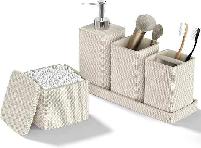 Beige Bathroom Accessories Set 5 Pieces, Resin Toothbrush Holders Set Complete by LetUsMakeHomeYourFavoriteDestination