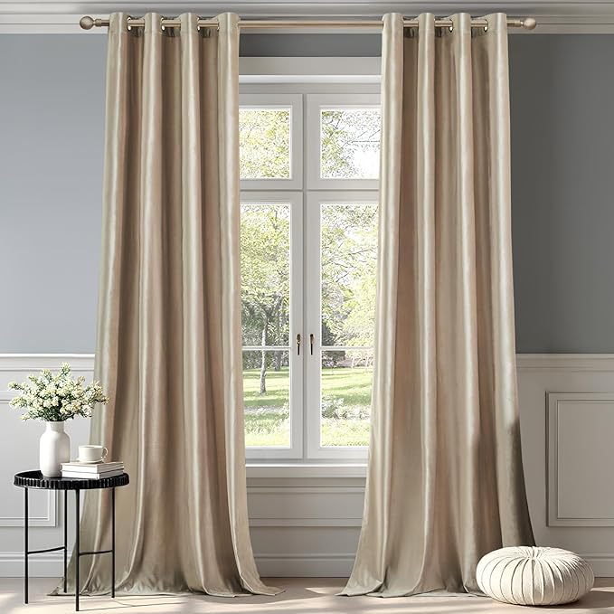 BULBUL Champagne Curtains 90 inch Length- 2 Panels Velvet Living Room Beige by ModernShinyVelvetCurtains