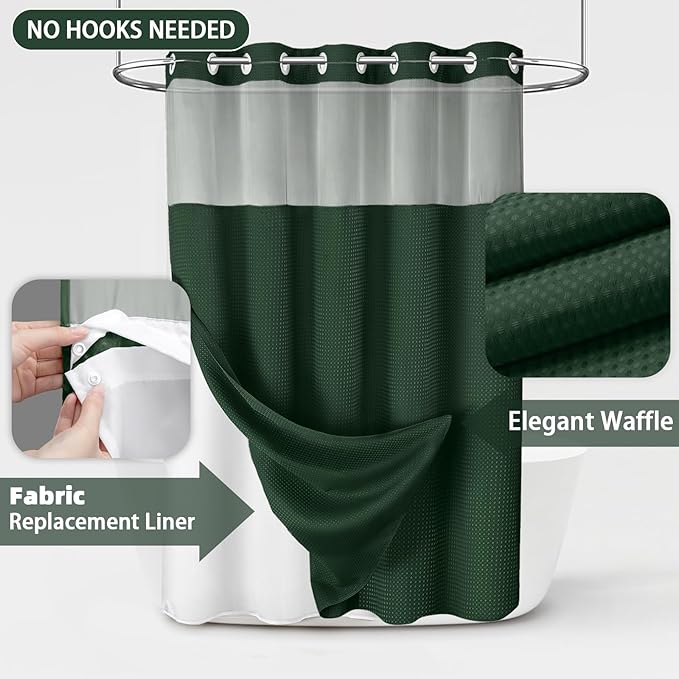 No Hook Shower Curtain and Liner Set, Dark Green Hotel Waffle Shower Curtain - Image 3