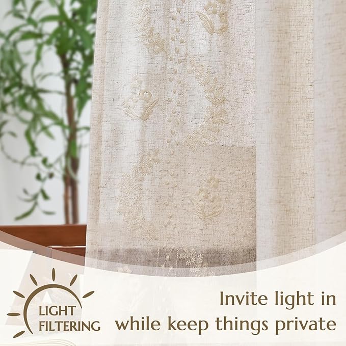 jinchan Belrose Linen Curtains for Bedroom Floral Curtains 63 Inch Length Linen - Image 5