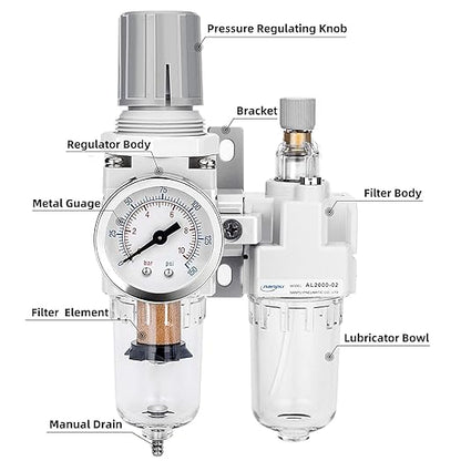 NANPU 1/4" NPT Compressed Air Filter Regulator Lubricator Combo, Water/Oil Trap - Image 2