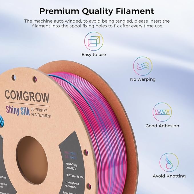 Comgrow Tri-Colors Silk PLA 3D Printer Filament, Rainbow PLA Filament 1.75mm - Image 3