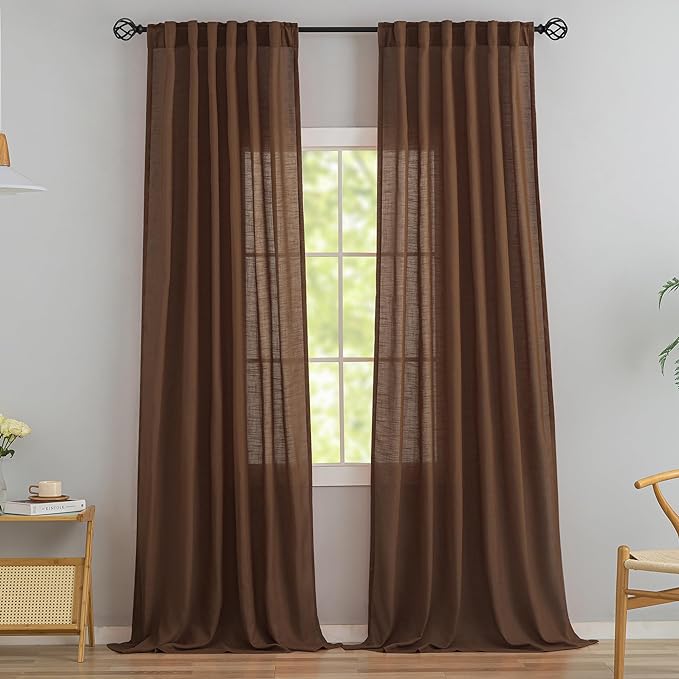 Deep Brown Linen Back Tab Curtains 102 Inches Long 2 Panels Set by DONREN