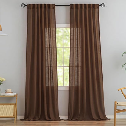 Cocoa Brown Linen Back Tab Curtains 120 Inches Extra Long Ceiling to Floor by DONREN