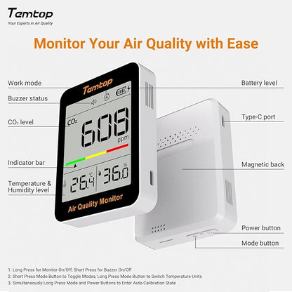 Temtop CO2 Monitor Indoor air Quality Monitor Portable CO2 Meter, Temperature - Image 6
