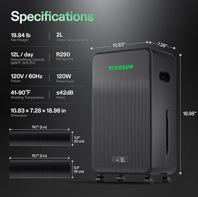 VIVOSUN AeroDrain D12 Smart Environmental Dehumidifier, 2L Water Tank, - Image 6