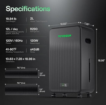 VIVOSUN AeroDrain D12 Smart Environmental Dehumidifier, 2L Water Tank, - Image 6