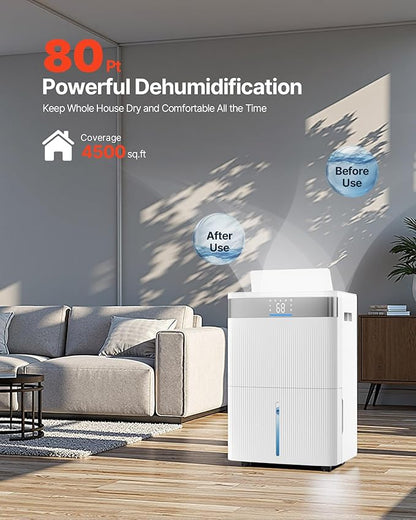 VEVOR 80 Pints Dehumidifier for Home & Basement, 4500 Sq.Ft Large Coverage - Image 2