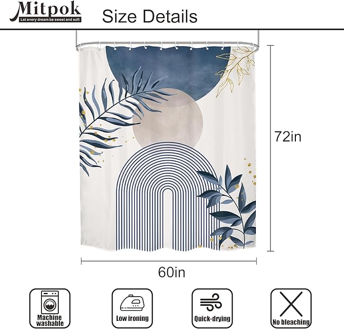 Blue Gray Boho Shower Curtain Dusty Blue Gold Leaves Modern Bohemian Abstract - Image 5