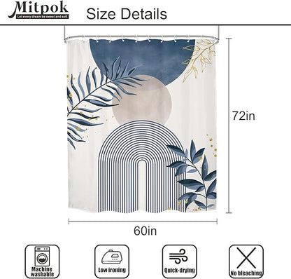 Blue Gray Boho Shower Curtain Dusty Blue Gold Leaves Modern Bohemian Abstract - Image 5