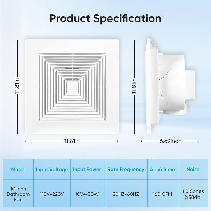 10 Inch Bathroom Exhaust Fan, 160 CFM 1.0 Sones Square Ultra Quiet Bathroom - Image 2