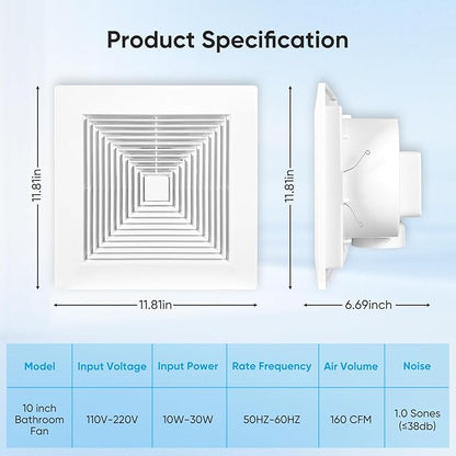 10 Inch Bathroom Exhaust Fan, 160 CFM 1.0 Sones Square Ultra Quiet Bathroom - Image 2